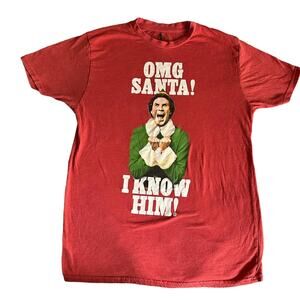 Elf “OMG Santa, I Know Him!” Red t-shirt size Medium, Christmas festive holiday